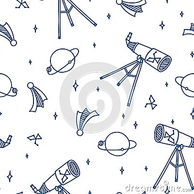 Space doodle with telescope, planets, moon, stars and comets. Outer space seamless pattern. Hand drawn vector Vector Illustration