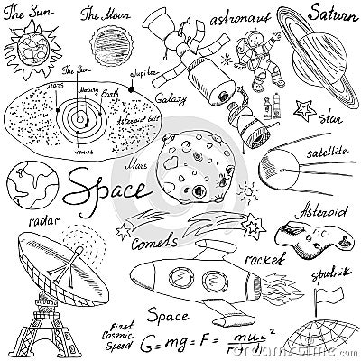 Space doodles icons set. Hand drawn sketch with Solar system, planets meteors and comats, Sun and Moon, radar, astronaut rocket an Vector Illustration