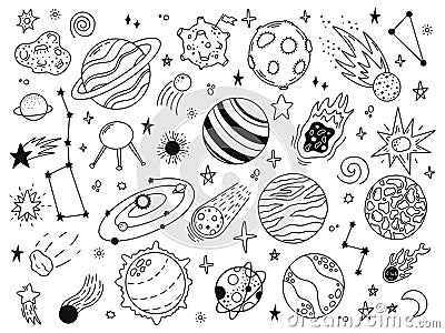 Space doodles. Sketch space planets, hand drawn celestial bodies, earth, sun and moon. Universe space planets vector Vector Illustration