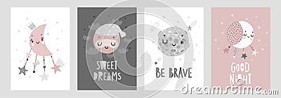 Space Dreams prints, childish hand drawn cards with moon, stars and planets Vector Illustration