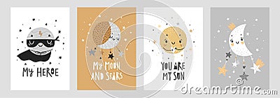 Space Dreams prints, childish hand drawn cards with moon, stars and planets Vector Illustration