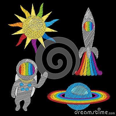 Space Embroidery Set Vector Illustration