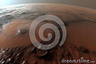 Red planet landscape with water in soil. Mars colonization. Generative AI Stock Photo