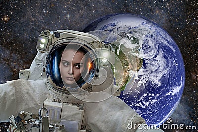 Space exploration. Astronaut woman in outer space. Planet earth from space on a dark background. Elements of this image were Stock Photo