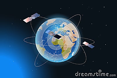 space exploration astronautics technology concept observation satellite flying orbital spaceflight around earth Vector Illustration