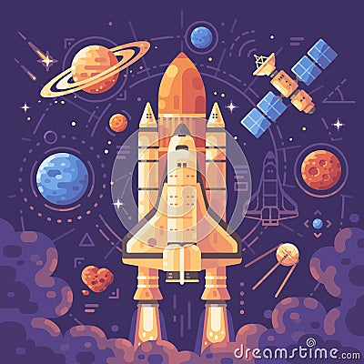 Space exploration concept. Space objects flat illustration Vector Illustration