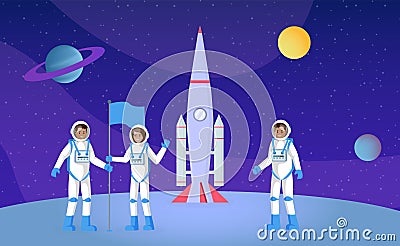 Space exploration, expedition flat vector illustration. Young astronauts with flag, people in pressure suits cartoon Vector Illustration