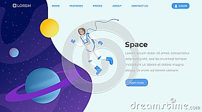 Space exploration flat landing page template. Female cosmonaut in outer space, astronaut floating in cosmos zero gravity Vector Illustration