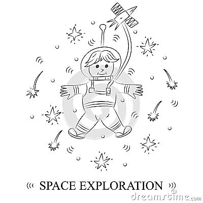 Space Exploration. Hand Drawn Doodle Astronaut and Comets Arranged in a Circle. Sketch Style. Vector Illustration