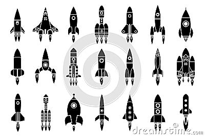 Space exploration rocket cosmos spaceship shuttle launch silhouette design icons set vector illustration Vector Illustration