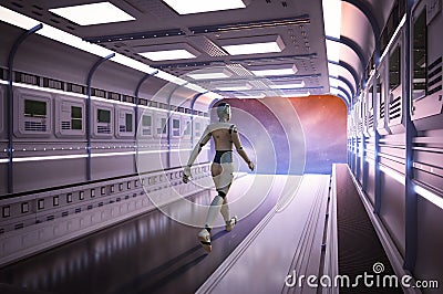 Space exploration technology with robotic astronaut on space shuttle Stock Photo