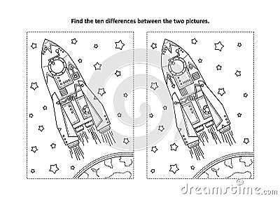 Find the differences visual puzzle and coloring page with rocket or spaceship Vector Illustration