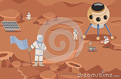 Space explorers in spacesuits making researches vector flat illustration. Astronauts and rovers walking on mars. Vector Illustration