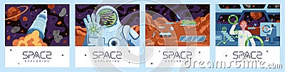 Space exploring poster set. Rocket explorer flies in galaxy banner. Cosmonaut landed on planet and greeting. Exoplanet Vector Illustration