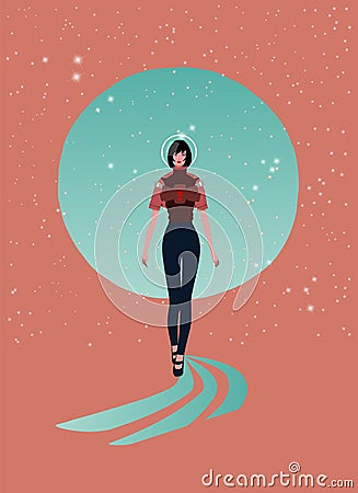 Space fashion catwalk promenade, futuristic vector fashion illustration, woman in cyberpank futuristic robot style suit Vector Illustration