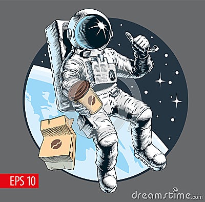 Space fast food. Astronaut holding a coffee cup. Coffee to go concept. Vector illustration. Cartoon Illustration