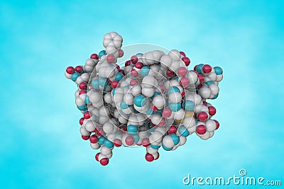 Space-filling molecular model of leptin, human peptide hormone, hunger or obesity hormone. Scientific background. 3d Cartoon Illustration