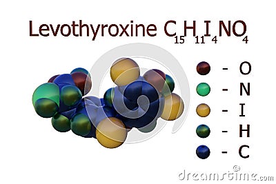 Space-filling molecular model of levothyroxine or l-thyroxine, a manufactured form of the thyroid hormone thyroxine used Cartoon Illustration