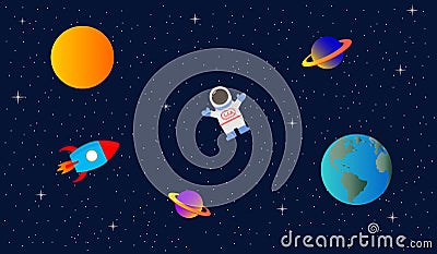 Space flat vector background with rocket, spaceship, moon, Jupiter, satellite, astronaut, planets and stars. Vector Illustration