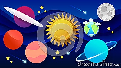 Space Flat Vector Background With Rocket, Spaceship, Moon, Planets Vector Illustration