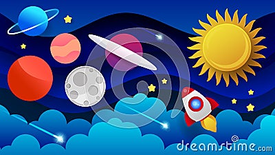 Space Flat Vector Background With Rocket, Spaceship, Moon, Planets Vector Illustration