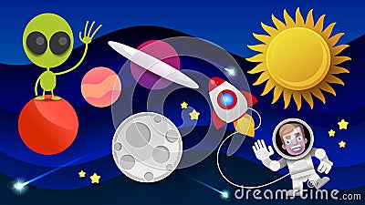 Space Flat Vector Background With Rocket, Spaceship, Moon, Planets Vector Illustration