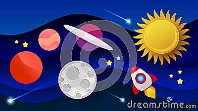 Space Flat Vector Background With Rocket, Spaceship, Moon, Planets Vector Illustration