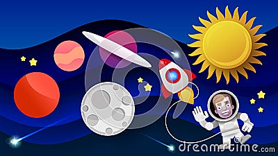 Space Flat Vector Background With Rocket, Spaceship, Moon, Planets Vector Illustration