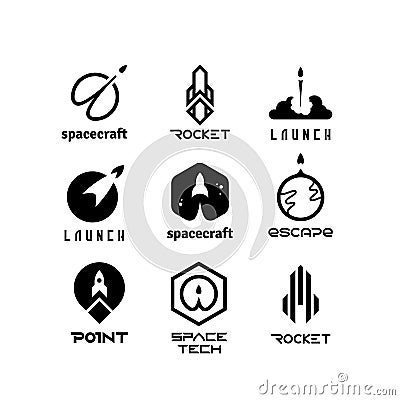 Space flying rockets, launching shuttles, spaceship, aviation vector logos isolated Vector Illustration