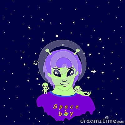 Space funny alien guy,antenna, purple hair, green skin, and two Vector Illustration