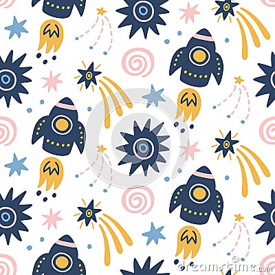 Space Galaxy childish seamless pattern with space ships, stars, cosmic elements Vector Illustration