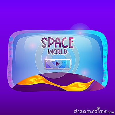 Space game ui frame for mobile interface design in cartoon style. Galaxy window with planet for button and assets Vector Illustration