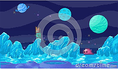 Space game. The 8-bit graphics and arcade-style gameplay give space game nostalgic charm Vector Illustration