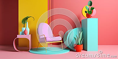 interior art armchair home design room colourful geometric sofa space memphis. Generative AI. Stock Photo