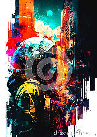 Space Girl Colourful Abstract Futuristic City Generative AI Illustration Stock Photo