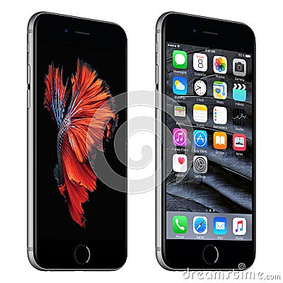 Space Gray Apple iPhone 6s slightly rotated front view with iOS Editorial Stock Photo