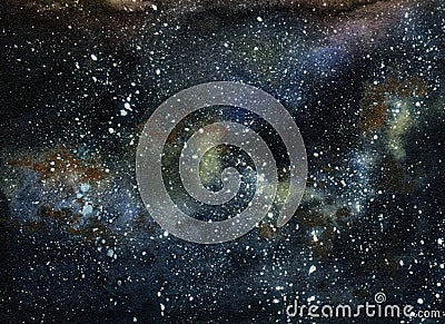 Space hand drawn watercolor background texture. Abstract deep blue yellow gold galaxy with star splash painting. Cartoon Illustration