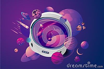 Space helmet on isolated background with planet. Astronaut spacesuit with space on reflection. Pilot mask vector clip Vector Illustration