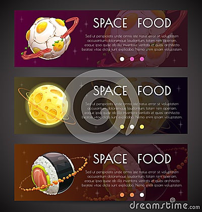 Space horizontal banners. Commercial fliers with fantasy food planets. Vector Illustration