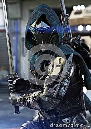 Space hunter, science fictional armored marine posing with multiple weapons and sword in hand. Stock Photo