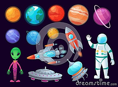 Space items. Alien ufo, universe planet and missile rockets. Planets game design cartoon graphics vector item set Vector Illustration