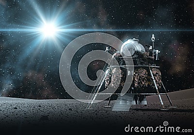 Space Lander On The Rays Of Light Stock Photo