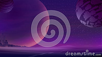 Space landscape with large planets on purple starry sky and City on horizon nature on another planet. Vector illustration Vector Illustration