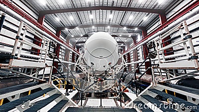 Space launch preparation. Spaceship SpaceX Crew Dragon, atop the Falcon 9 rocket, inside the hangar , just before Editorial Stock Photo