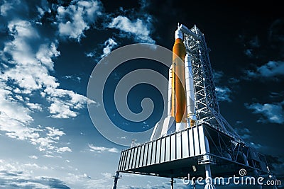 Space Launch System On Launchpad Over Background Of Sky Stock Photo