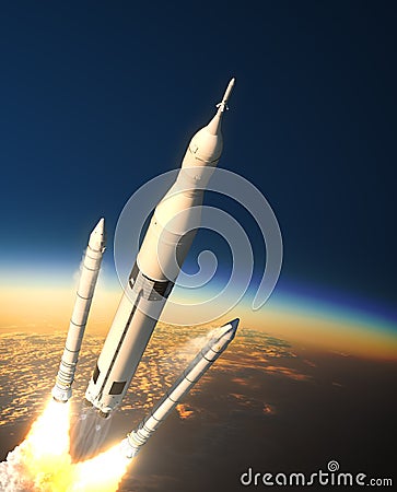 Space Launch System Solid Rocket Boosters Separation In Stratosphere Stock Photo