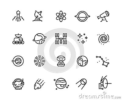 Space line icons. Cosmic astronomy galaxy astronaut rocket launch meteor space telescope planets and stars. Cosmos Vector Illustration