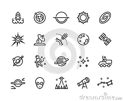 Space line icons. Futuristic cosmos and astronomy infographic elements such as rocket spaceship galaxy UFO and planets Vector Illustration