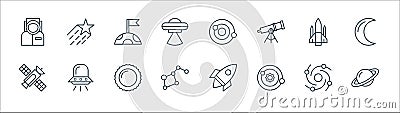 Space line icons. linear set. quality vector line set such as saturn, solar system, constellation, satellite, spacecraft, moon, Vector Illustration