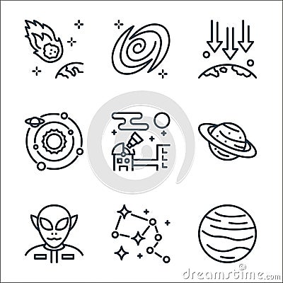 space line icons. linear set. quality vector line set such as venus, constellation, ufo, saturn, observatory, solar system, Vector Illustration